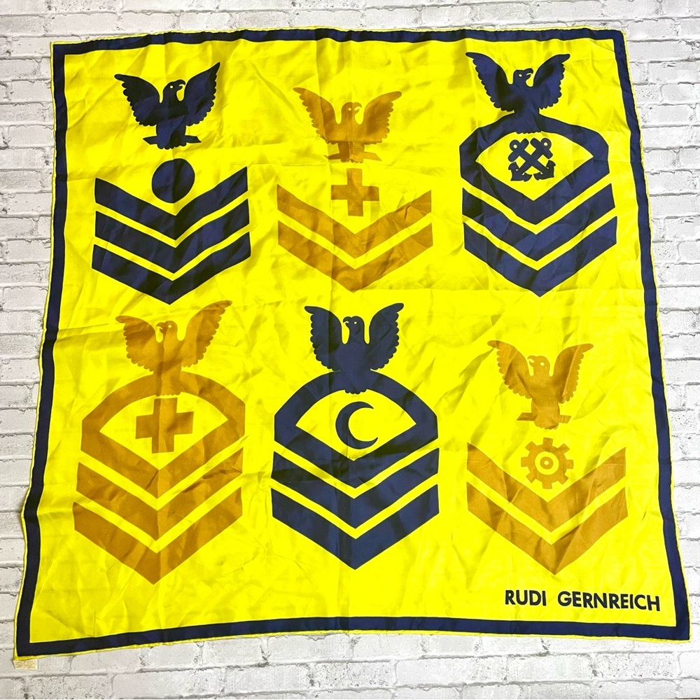 Rudi Gernreich Rare 100% Silk Vintage 1960's Scarf Military Navy Yellow Japan
